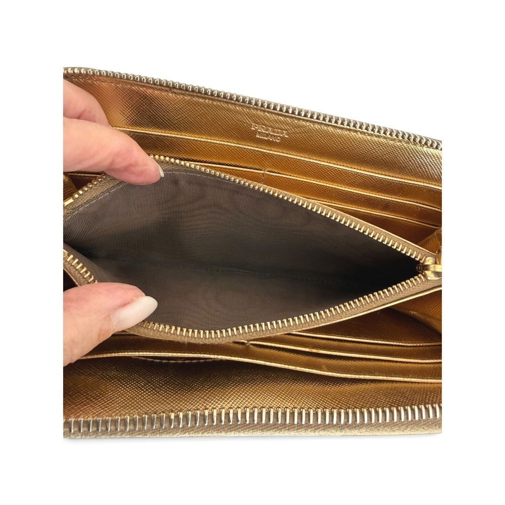 Prada Milano Metallic Gold Saffiano Zip Around Continental Wallet Leather - Picture 8 of 10